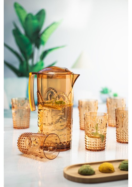 Akrilik Bal Sürahi 2,3 Lt ve 6lı Su Meşrubat Kahve Yanı Bardağı 400 ml Seti ( Cam Değildir ) modelleri