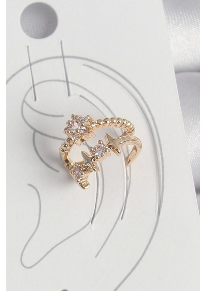 Pirinç Gold Renk Zirkon Taşlı Yıldız Model Kadın Kıkırdak Küpe