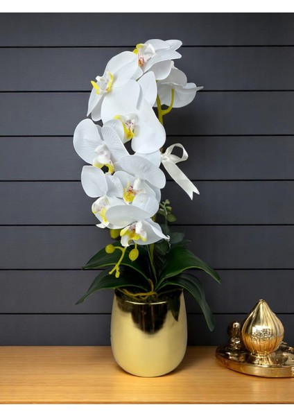 Yapay Çiçek Beyaz Islak Orkide 55 cm Lüks Gold Metal Saksıda Dekoratif Hediye Yapay Salon Çiçeği