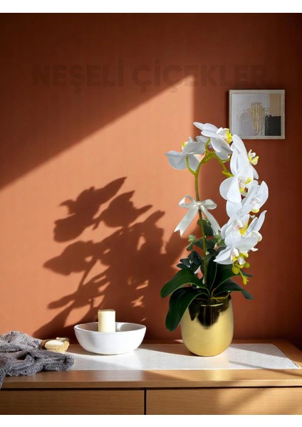 Yapay Çiçek Beyaz Islak Orkide 55 cm Lüks Gold Metal Saksıda Dekoratif Hediye Yapay Salon Çiçeği