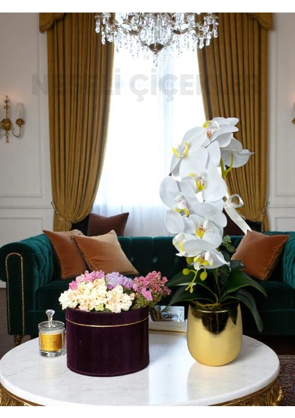 Yapay Çiçek Beyaz Islak Orkide 55 cm Lüks Gold Metal Saksıda Dekoratif Hediye Yapay Salon Çiçeği