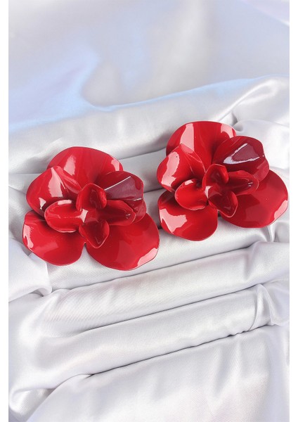 Pirinç Kırmızı Renk Gül Model Kadın Küpe