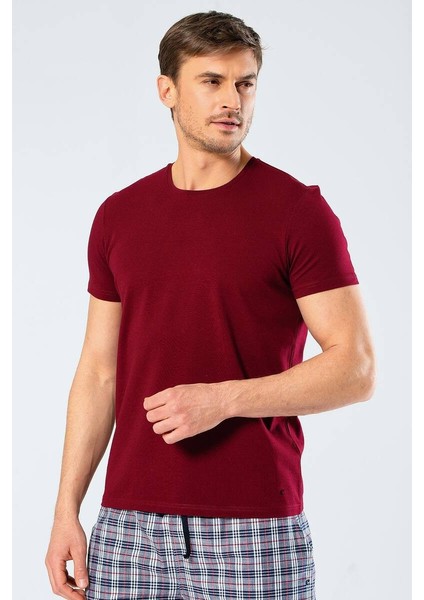 Erkek Bisiklet Yaka Likralı T-shirt Bordo