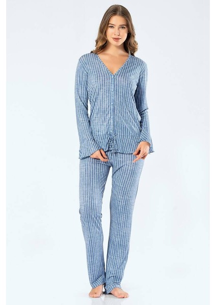 Kadın Çizgili Uzun Kollu V Yaka Düğmeli Pijama Takım