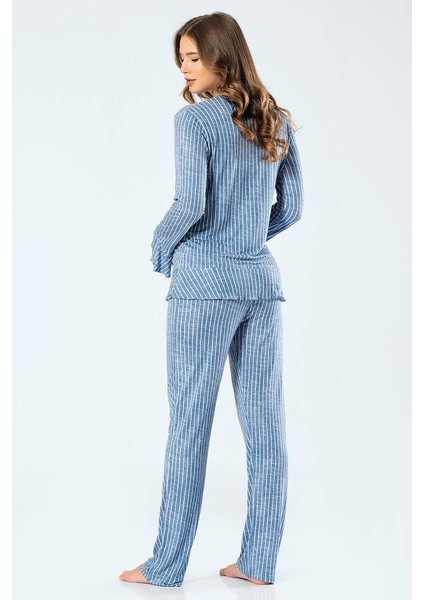 Kadın Çizgili Uzun Kollu V Yaka Düğmeli Pijama Takım fiyatları