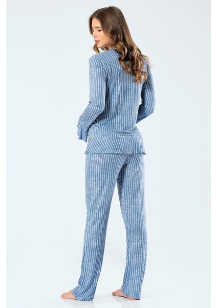 Kadın Çizgili Uzun Kollu V Yaka Düğmeli Pijama Takım modelleri