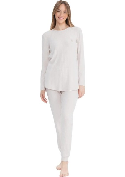 Kadın Bej Yuvarlak Yaka Pijama Takımı