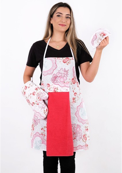 Flower 4lü Set Mutfak Önlüğü Havlulu Mutfak Önlüğü Fırın Eldiveni ve Tutacak