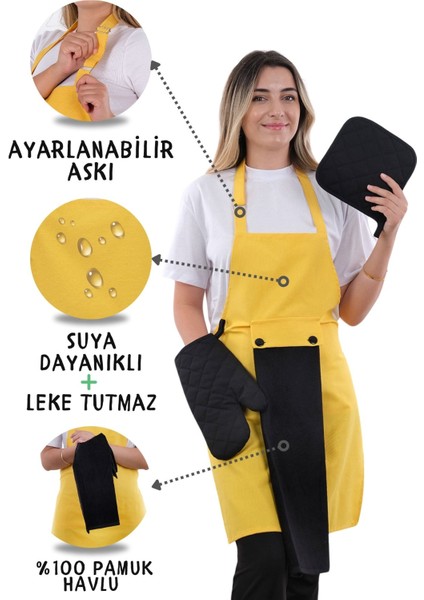 Star Ayar Askılı Havlulu 4lü Mutfak Önlüğü Seti (Eldiven Tutacak)