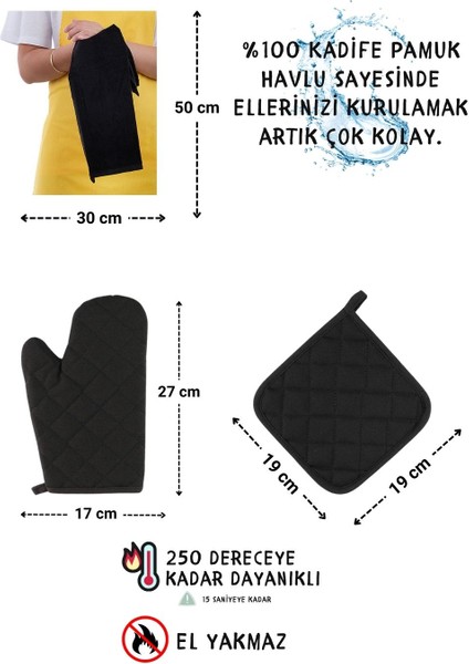 Star Ayar Askılı Havlulu 4lü Mutfak Önlüğü Seti (Eldiven Tutacak)