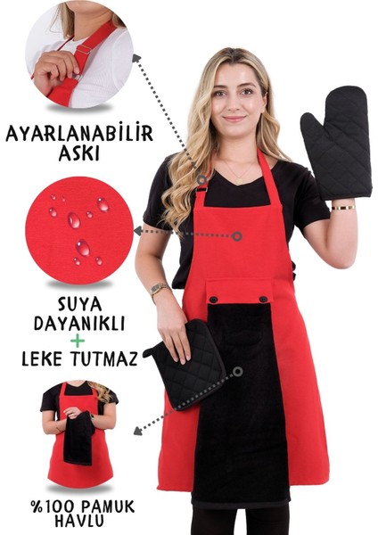 Star Ayar Askılı Havlulu 4lü Mutfak Önlüğü Seti (Eldiven Tutacak)