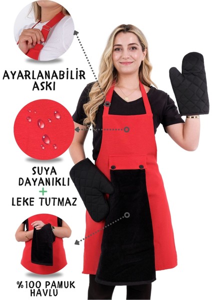 Star Ayar Askılı Havlulu 4lü Mutfak Önlüğü Seti (2 Eldiven)