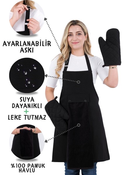 Star Ayar Askılı Havlulu 4lü Mutfak Önlüğü Seti (2 Eldiven)