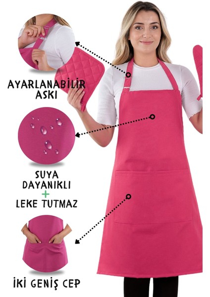 Simple 3'lü Set Ayar Askılı Mutfak Önlüğü Seti (Eldiven, Tutacak)