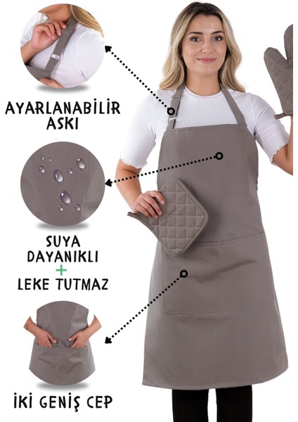 Simple 3'lü Set Ayar Askılı Mutfak Önlüğü Seti (Eldiven, Tutacak)