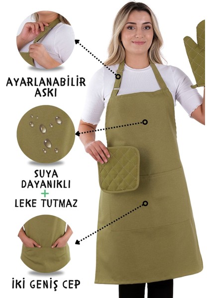 Simple 3'lü Set Ayar Askılı Mutfak Önlüğü Seti (Eldiven, Tutacak)