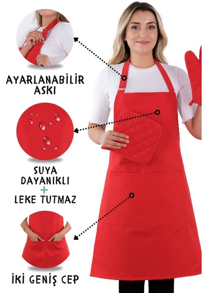 Simple 3'lü Set Ayar Askılı Mutfak Önlüğü Seti (Eldiven, Tutacak)