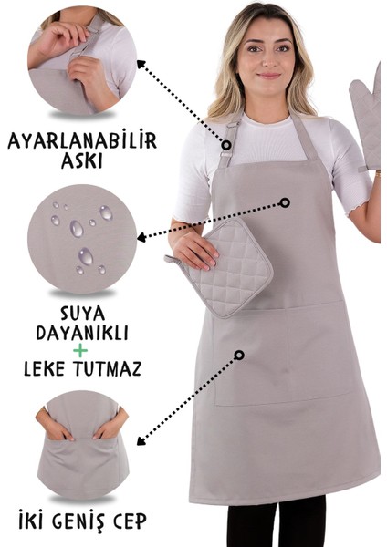 Simple 3'lü Set Ayar Askılı Mutfak Önlüğü Seti (Eldiven, Tutacak)
