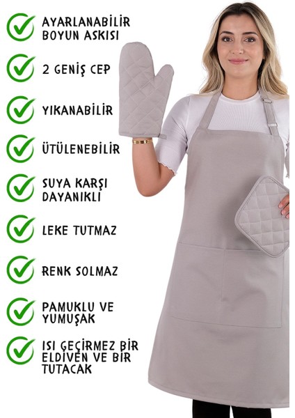 Simple 3'lü Set Ayar Askılı Mutfak Önlüğü Seti (Eldiven, Tutacak)