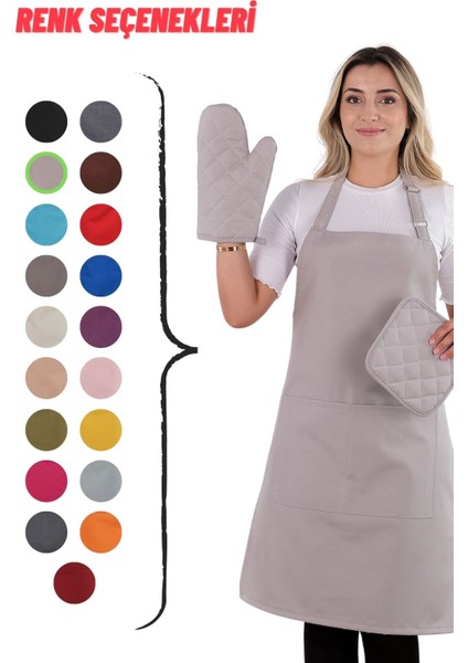 Simple 3'lü Set Ayar Askılı Mutfak Önlüğü Seti (Eldiven, Tutacak)
