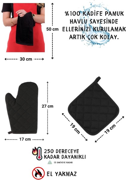 Star Ayar Askılı Havlulu 4lü Mutfak Önlüğü Seti (Eldiven Tutacak)