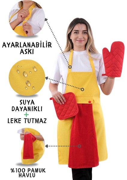 Star Ayar Askılı Havlulu 4lü Mutfak Önlüğü Seti (Eldiven Tutacak)