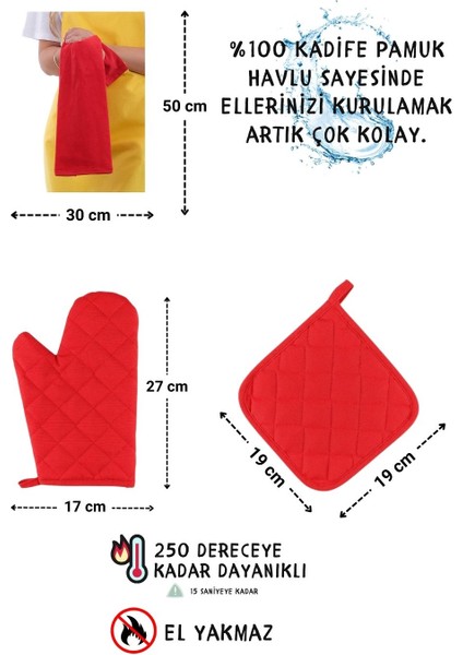 Star Ayar Askılı Havlulu 4lü Mutfak Önlüğü Seti (Eldiven Tutacak)