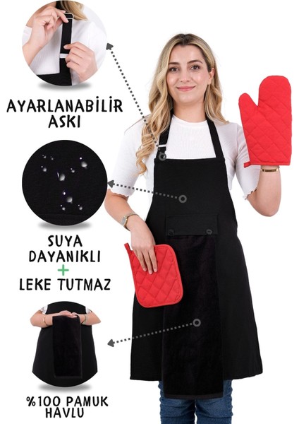 Star Ayar Askılı Havlulu 4lü Mutfak Önlüğü Seti (Eldiven Tutacak)