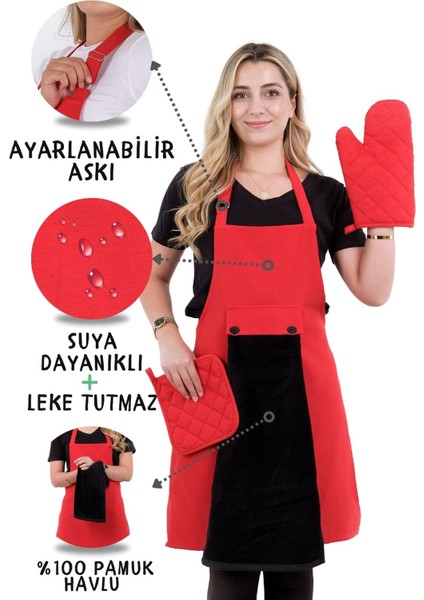 Star Ayar Askılı Havlulu 4lü Mutfak Önlüğü Seti (Eldiven Tutacak)