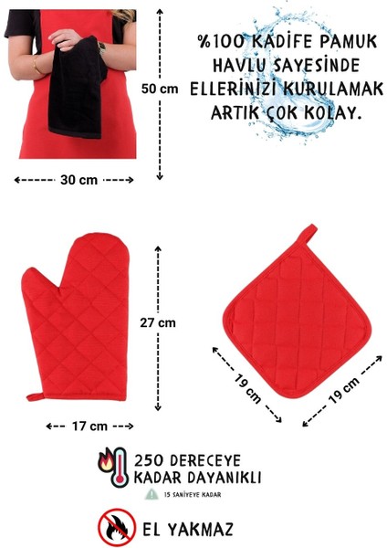 Star Ayar Askılı Havlulu 4lü Mutfak Önlüğü Seti (Eldiven Tutacak)
