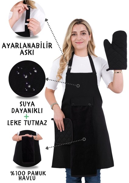 Star Ayar Askılı Havlulu 4lü Mutfak Önlüğü Seti (Eldiven Tutacak)