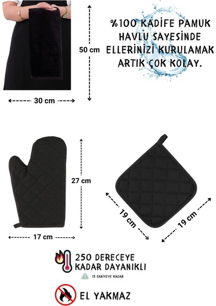 Star Ayar Askılı Havlulu 4lü Mutfak Önlüğü Seti (Eldiven Tutacak)