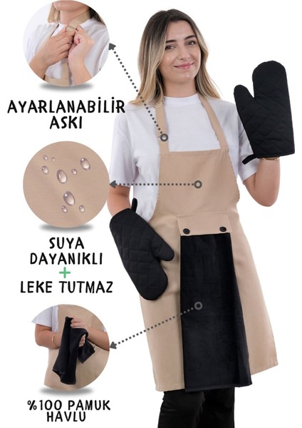 Star Ayar Askılı Havlulu 4lü Mutfak Önlüğü Seti (2 Eldiven)