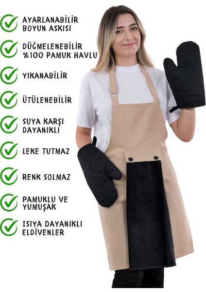 Star Ayar Askılı Havlulu 4lü Mutfak Önlüğü Seti (2 Eldiven)