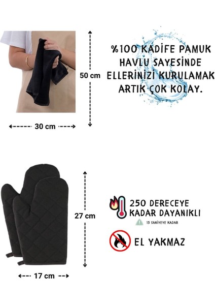 Star Ayar Askılı Havlulu 4lü Mutfak Önlüğü Seti (2 Eldiven)