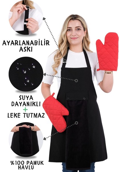 Star Ayar Askılı Havlulu 4lü Mutfak Önlüğü Seti (2 Eldiven)