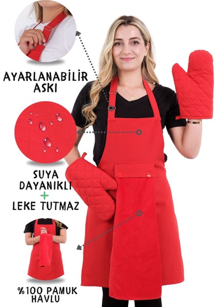 Star Ayar Askılı Havlulu 4lü Mutfak Önlüğü Seti (2 Eldiven)