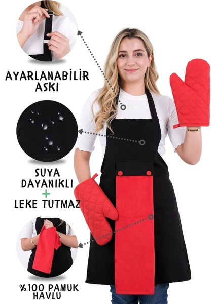 Star Ayar Askılı Havlulu 4lü Mutfak Önlüğü Seti (2 Eldiven)