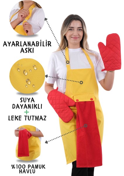 Star Ayar Askılı Havlulu 4lü Mutfak Önlüğü Seti (2 Eldiven)