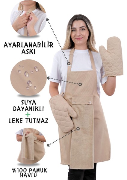 Unisex Mutfak Önlüğü Seti Leke Tutmaz 100% Pamuk 4'lü Eldiven ve Havlu ile