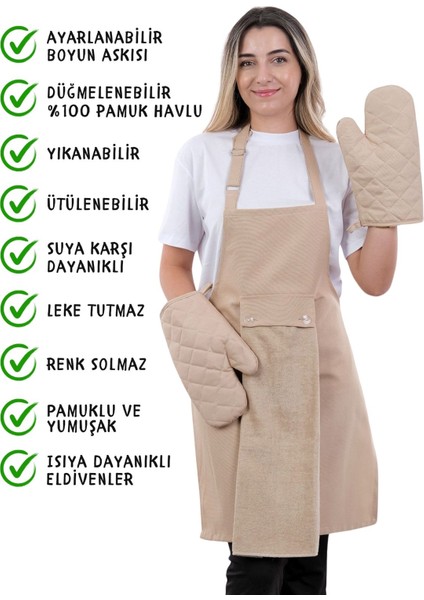 Unisex Mutfak Önlüğü Seti Leke Tutmaz 100% Pamuk 4'lü Eldiven ve Havlu ile fiyatları