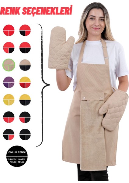 Unisex Mutfak Önlüğü Seti Leke Tutmaz 100% Pamuk 4'lü Eldiven ve Havlu ile indirimleri