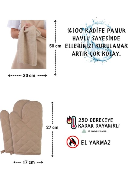 Unisex Mutfak Önlüğü Seti Leke Tutmaz 100% Pamuk 4'lü Eldiven ve Havlu ile