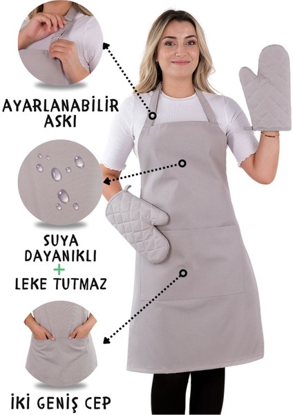 Simple 3'lü Set Ayar Askılı Cepli Mutfak Önlüğü Seti (2 Eldiven) Şef Garson Kafe Aşçı Barista