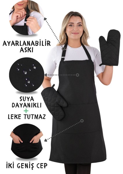 Simple 3'lü Set Ayar Askılı Cepli Mutfak Önlüğü Seti (2 Eldiven) Şef Garson Kafe Aşçı Barista