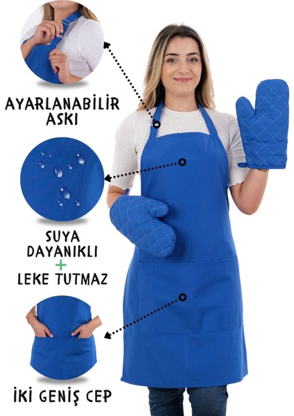 Simple 3'lü Set Ayar Askılı Cepli Mutfak Önlüğü Seti (2 Eldiven) Şef Garson Kafe Aşçı Barista