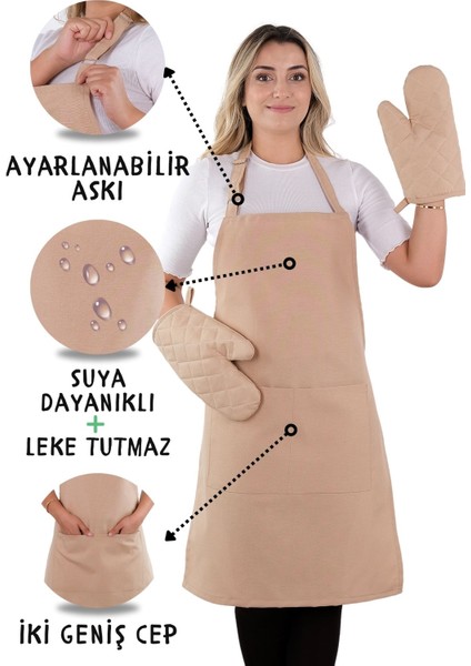 Simple 3'lü Set Ayar Askılı Cepli Mutfak Önlüğü Seti (2 Eldiven) Şef Garson Kafe Aşçı Barista