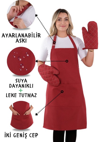 Simple 3'lü Set Ayar Askılı Cepli Mutfak Önlüğü Seti (2 Eldiven) Şef Garson Kafe Aşçı Barista
