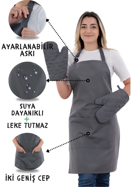 Simple 3'lü Set Ayar Askılı Cepli Mutfak Önlüğü Seti (2 Eldiven) Şef Garson Kafe Aşçı Barista