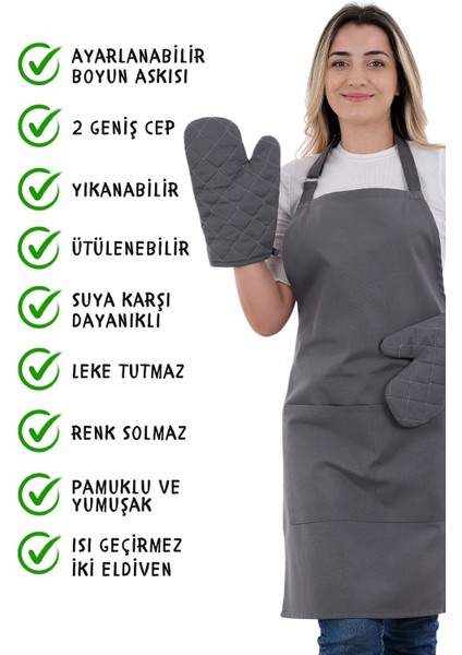 Simple 3'lü Set Ayar Askılı Cepli Mutfak Önlüğü Seti (2 Eldiven) Şef Garson Kafe Aşçı Barista